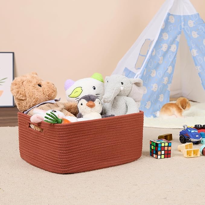MiniArk Large Storage Baskets for Shelves, 17 x 13 x 7.5” Closet Organizers Bins for Clothes Blanket Towels, Baby Nursery, Toy Baskets Box, Woven Rope Baskets, 3 Packs Oxide Red