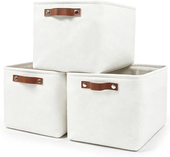 Bagnizer Storage Bins Large Fabric Storage Baskets for Shelves 3 Pack, Decorative Linen Closet Baskets with Handles for Organizing, Shelf, Clothes, Home, Office, 15x11x9.5Inches (White)