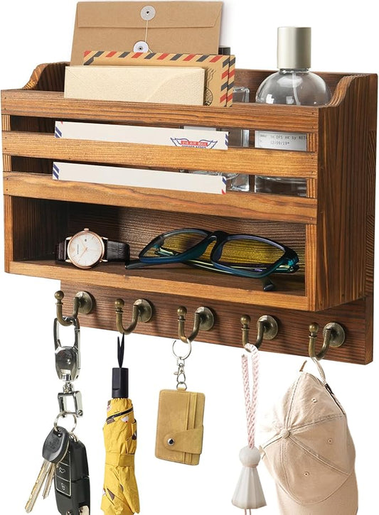 Key Holder Wall Mount with Mail Organizer, 5 Key Hooks, Brown | Wood Mail Organizer Wall Mounted with 5 Key Hooks & Storage Box and Mail Organizer for Entryway, Apartment, Home and Office