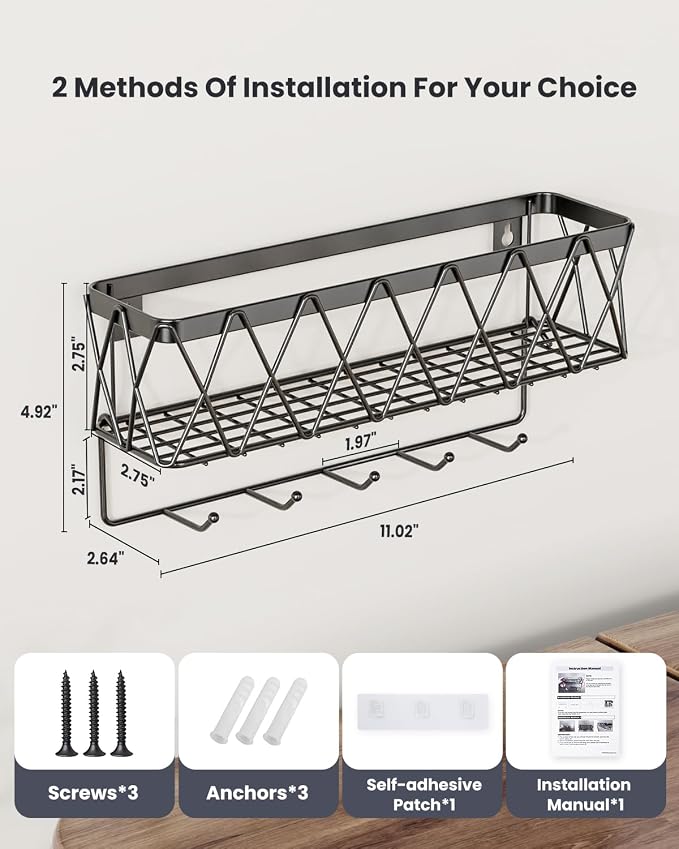 Key Holder Wall Mount Adhesive- Key and Mail Holder for Wall with 5 Hooks, Wall Mounted Mail Organizer and Key Rack, Modern Basket Key Hanger for Entryway, Home, Living Room Wall Decor, Black