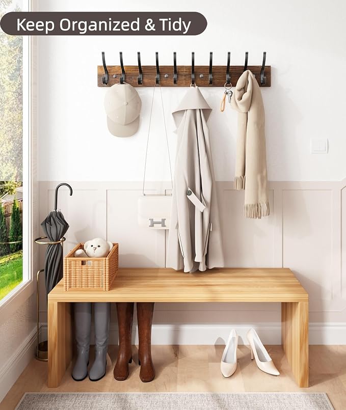 Optish 2 Pack Wooden Coat Rack Wall Mount, 16.1" Rustic Coat Hanger Hooks with 10 Double Hooks, Wall Coat Rack for Hat, Clothes, Bags, Jacket, Brown
