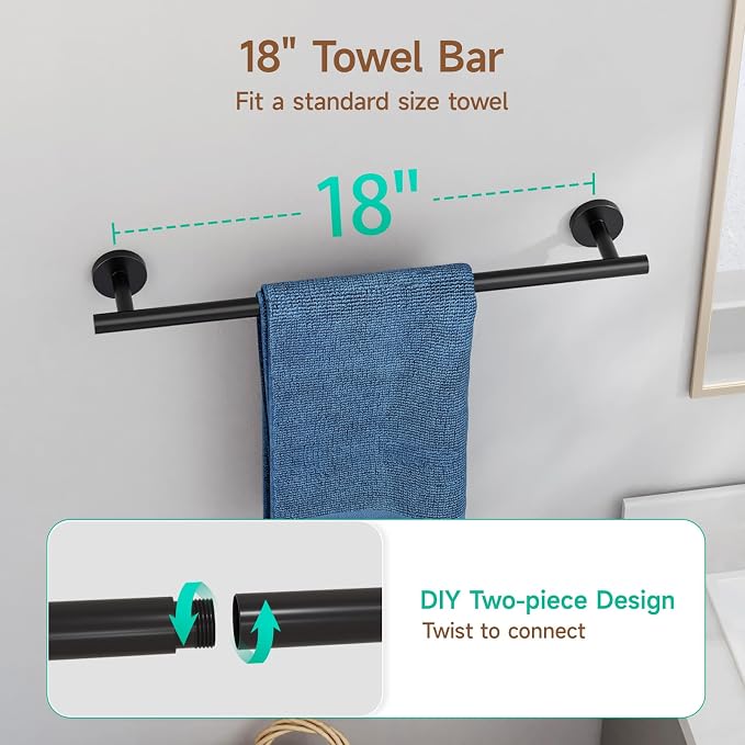 USHOWER 8PCS Matte Black Bathroom Hardware Set, 18-Inch Towel Bar Set | Durable SUS304 Stainless Steel Bathroom Accessories Set, Towel Racks for Bathroom Wall Mounted, Modern Home Decor