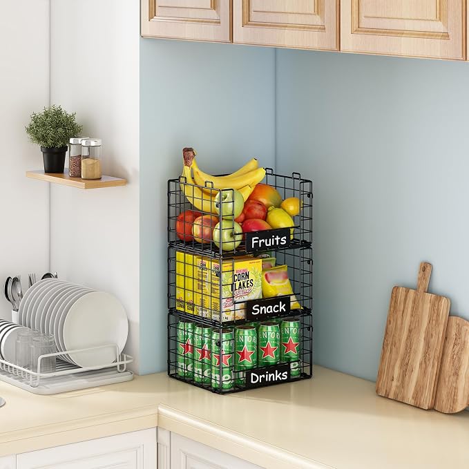 3 Pack XL Stackable Wire Baskets with Handle, Pantry Organizers and Storage | Snack Organizer & Vegetable Basket & Metal Pantry Bin & Fruit Basket for Kitchen Counter