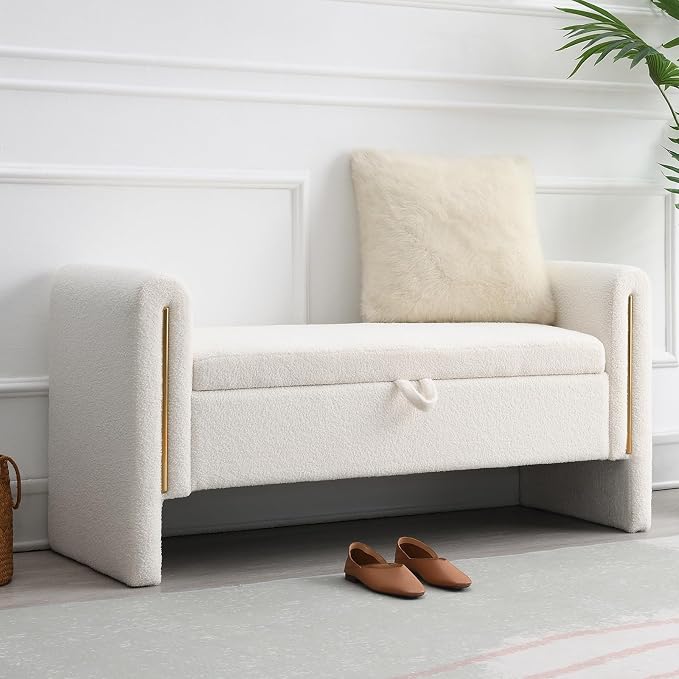 NIOIIKIT 52" Storage Ottoman Bench, Teddy Upholstered Storage Bench with Armrest, Entryway Bench with Pull-Ring, End of Bed Bench with Padded Cushion, Window Bench for Living Room (White)