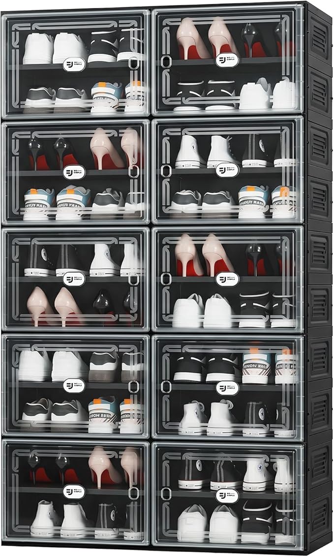Black Shoe Storage Cabinet for 40 Pairs, Collapsible Plastic Shoe Organizer with Magnetic Clear Doors, 3-Step Tool-Free Assembly for Entryway, Hallway, Apartment and Closet (2Row, 10Tier)