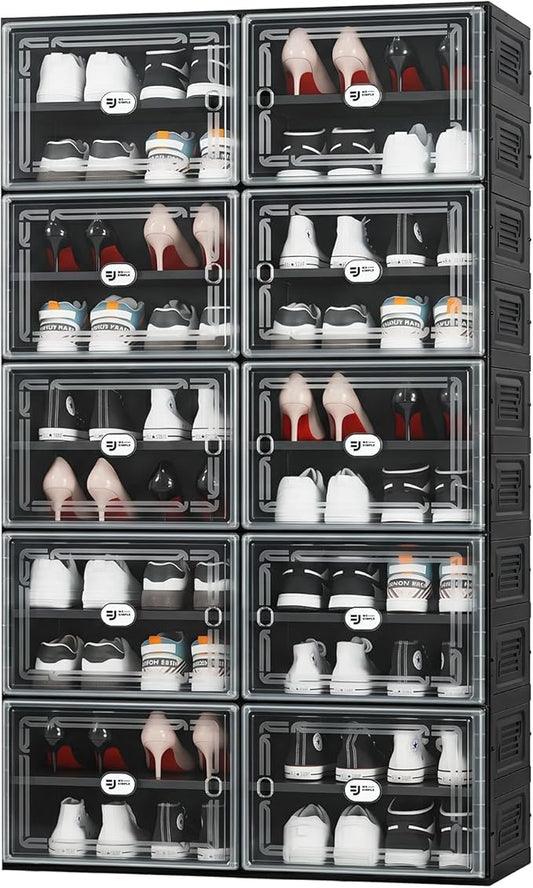 Black Shoe Storage Cabinet for 40 Pairs, Collapsible Plastic Shoe Organizer with Magnetic Clear Doors, 3-Step Tool-Free Assembly for Entryway, Hallway, Apartment and Closet (2Row, 10Tier)