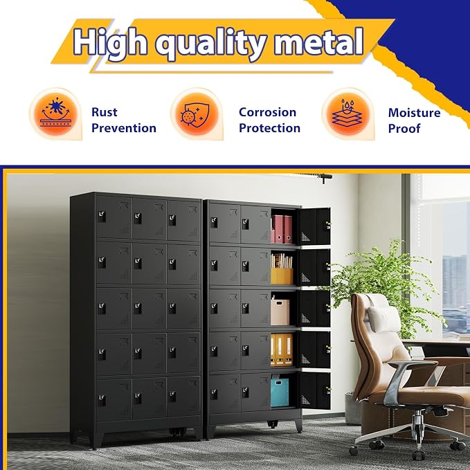 PAOFIN Metal Storage Lockers for Employees with Lock,Metal Storage Locker with 15 Doors for School Garage Office Gym Bedroom,Assembly Required,15 Door Black