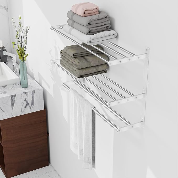 Bethom Bathroom Towel Rack with 2 Bars, 24 Inch Towel Shelf, Brushed Nickel | 3-Tier Hotel Towel Racks for Bathroom Wall Mounted, Bath Towels Storage, Stainless Steel