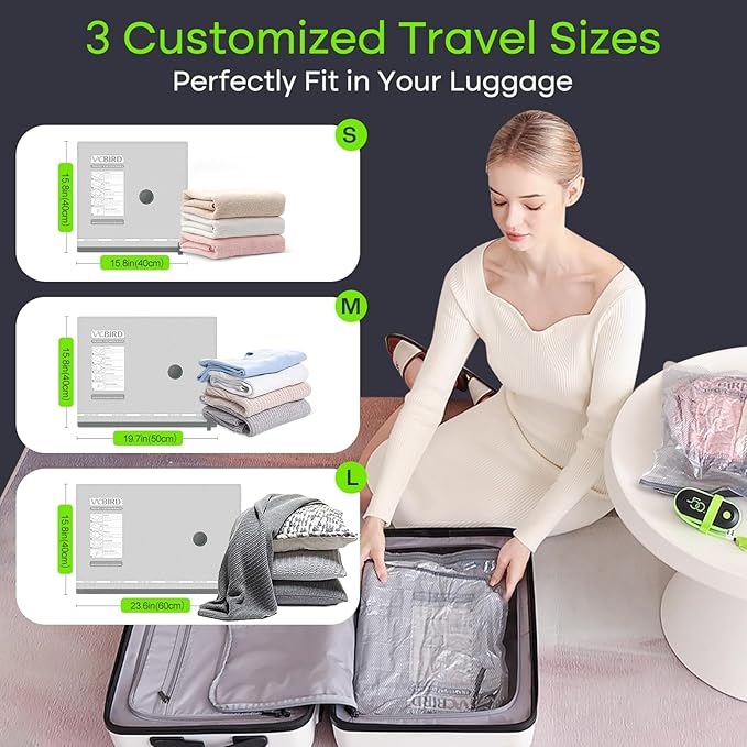 Vacbird Vacuum Bags for Travel with USB Pump, 10 Pack Carry-on Size Compression Packing for Luggage and Suitcase, Space Saver Bags for Clothes and Clothing Travel
