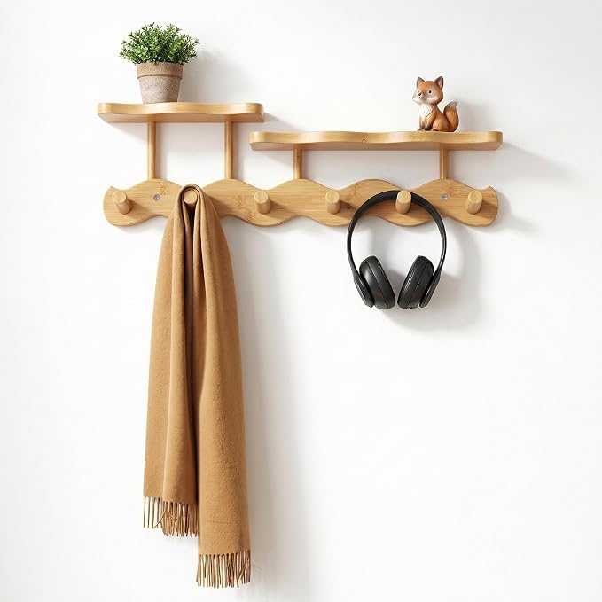Wave-Shaped Bamboo Coat Rack Wall Mount with Shelf - Modern 6-Hook Rack | Modern Sculptural Wave Decor, Organic Wood Wall Organizer with Storage Shelf, Eco-Friendly Coat Rack for Hanging Bags, Keys
