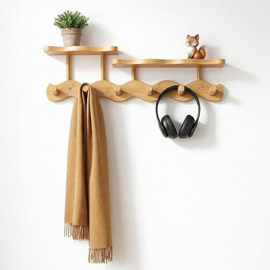 Wave-Shaped Bamboo Coat Rack Wall Mount with Shelf - Modern 6-Hook Rack | Modern Sculptural Wave Decor, Organic Wood Wall Organizer with Storage Shelf, Eco-Friendly Coat Rack for Hanging Bags, Keys