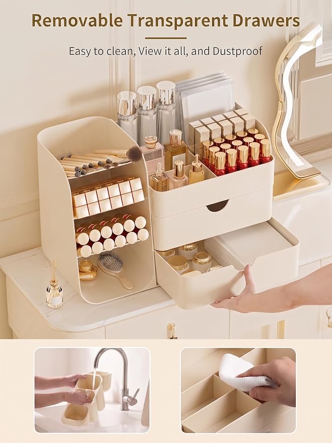 Booklov Small Makeup Organizer for Vanity Countertop, Cream | Plastic Cosmetic Display Case with Drawers, Beauty Brush Holder for Bathroom Counter, Skin Care Perfumes Storage