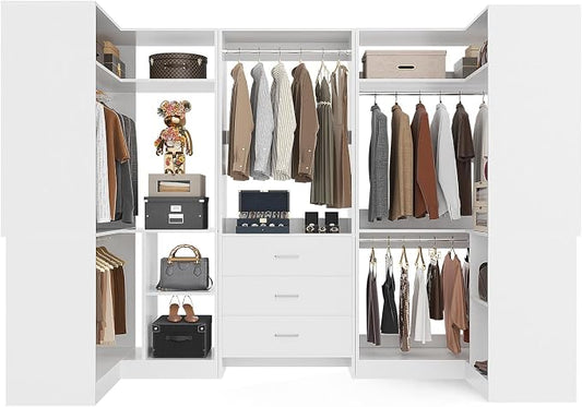 Aheaplus Closet System with 3 Drawers, 5 Hanging Rods & Corner Tower, Corner Closet System with Hanging, 88.8" U-Shaped Walk-In Wardrobe Organizer, 2000+ lbs Capacity, Set of 3,White