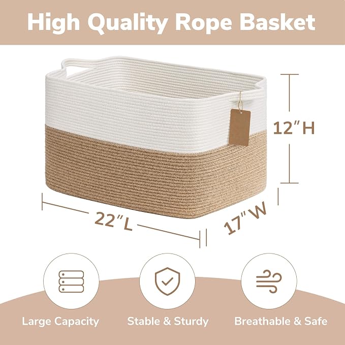 Goodpick Extra Large Cotton Rope Basket with Handles, Jute | 75L, 22 × 17 × 12 in, Rectangle, Blankets, Pillows, Toys & Daily Essentials Storage, Living Room, Bedroom & Home Decor