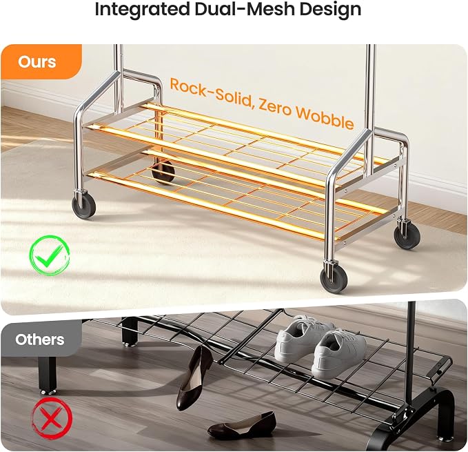 Heavy Duty Clothes Rack, Rolling Clothing Rack Load 650 LBS for Hanging Clothes with 2 Sturdy Shelves, Metal Garment Rack with Wheels for Bedroom, Laundry Room, Retail Store, Silver