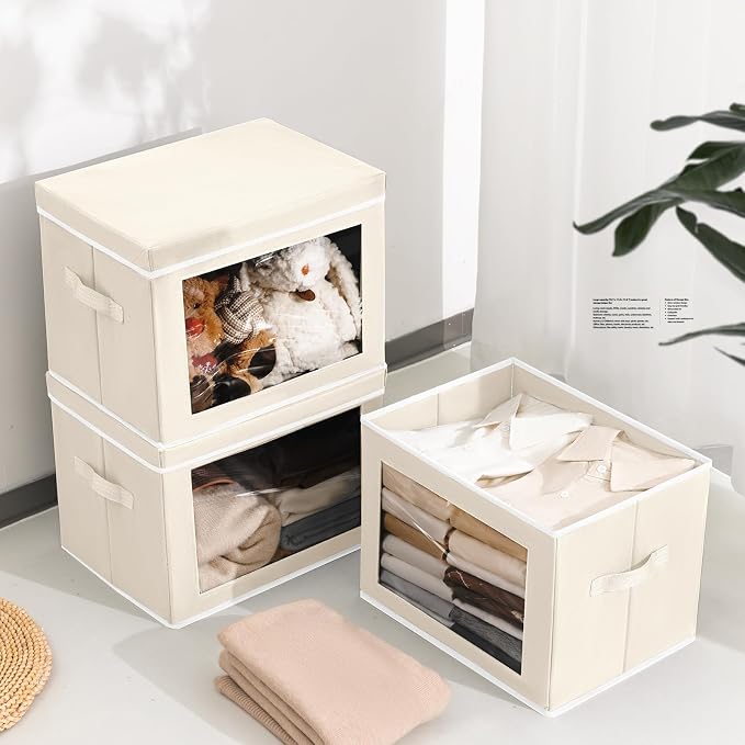 Homsorout Storage Bins with Lids, 4 Pack Large Storage Cubes with Window, Closet Bins with Lids & Handles, Fabric Box for Organizing Clothes, Towels, Books, Beige