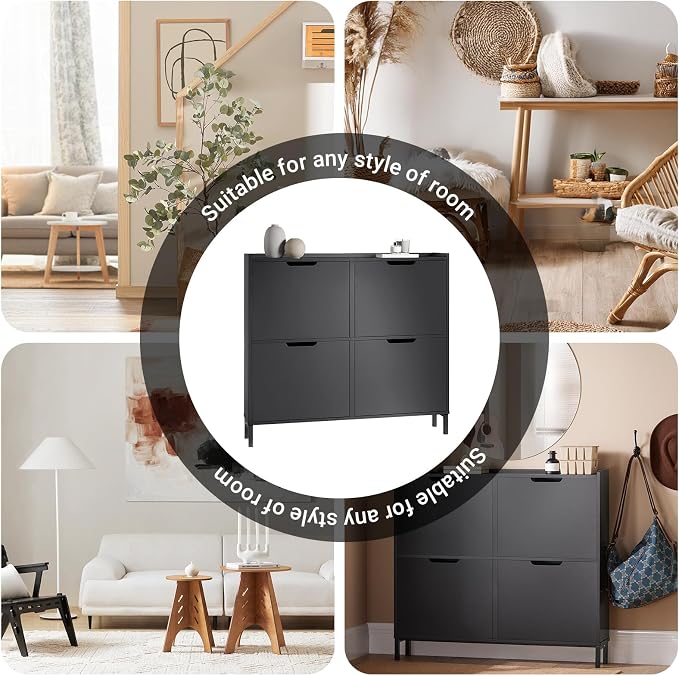 Haotian Ultra Thin Shoe Cabinet with 4 Flip-Drawers | Narrow Enclosed Shoe Rack, Slim Shoe Storage Organzier Entryway, Black, FSR100-SCH