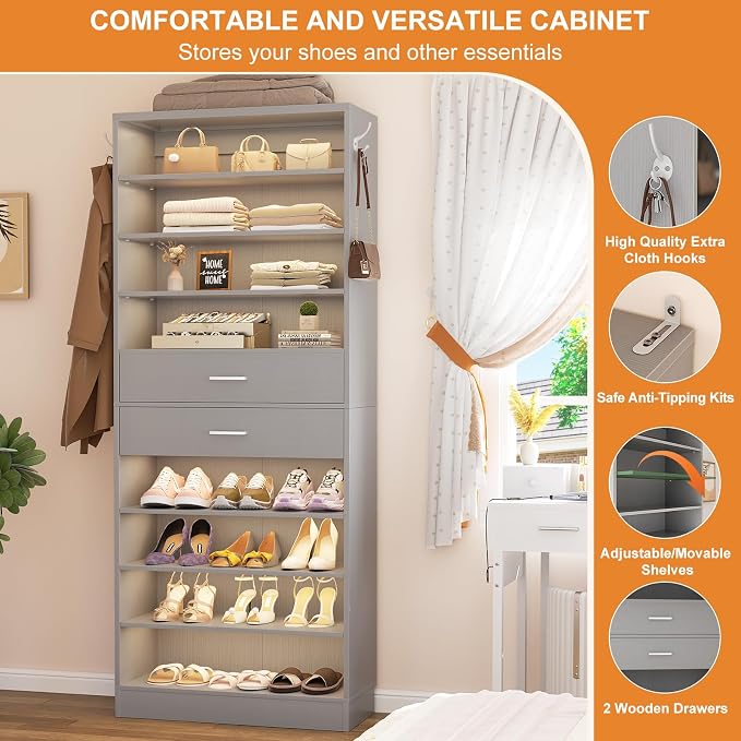 Aheaplus Tall Shoe Cabinet, 10 Tiers Wood Shoe Rack, Vertical Shoe Storage Organizer with 2 Drawers, Narrow Shoe Shelf Tower for 24-28 Pairs, Space Saving, for Closet, Entryway, Bedroom, Grey