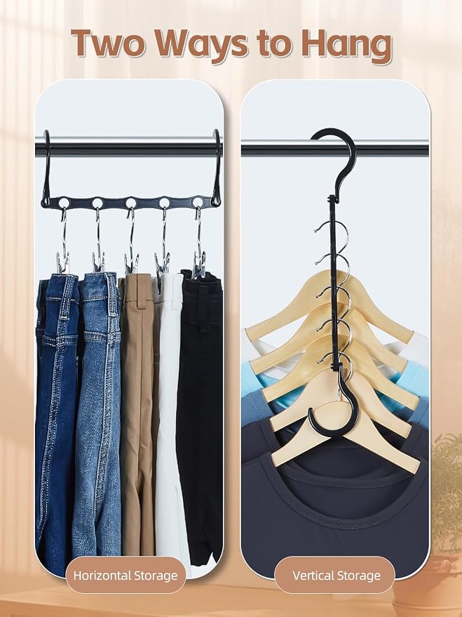 HOUSE DAY Space Saving Hangers, 8 Pack, Dorm Room Essentials for Girls | Space Saver Hanger Reinforced Hooks Swivels 360°, Cascading Hanger With 5 Holes, Sturdy Closet Organizers and Storage - Black