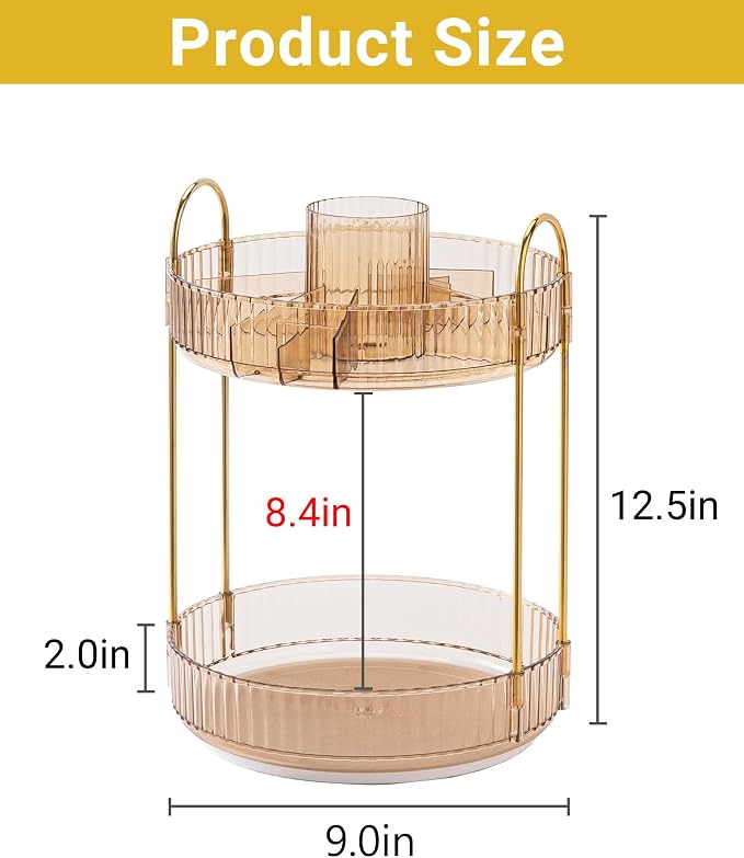 Asayuee 360 Rotating Makeup Organizer,2 Tier Large Capacity Make Up Organizers and Storage,Skincare Perfume Vanity Organizers,Bathroom Cosmetics Storage Organizer Countertop(Gold)