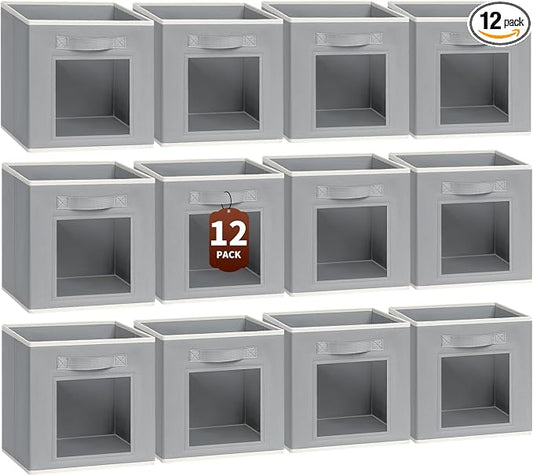 Foldable Storage Cubes - Cubby Storage Organizer with Window, Decorative Baskets for Organizing, Fabric Bins for Clothes Storage, Closet Storage Cubes 11inch, Set of 12, Grey