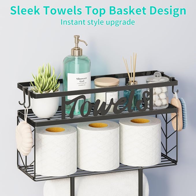 HapiRm Wall Towel Rack for Bathroom, Paper Towel Holder for Above Toilet | Metal Rolled Towel Storage with 4 Hooks Space-Saver Towel Shelf Organizer For Bathtub, Vanity, Small Bathroom, RV, Camper