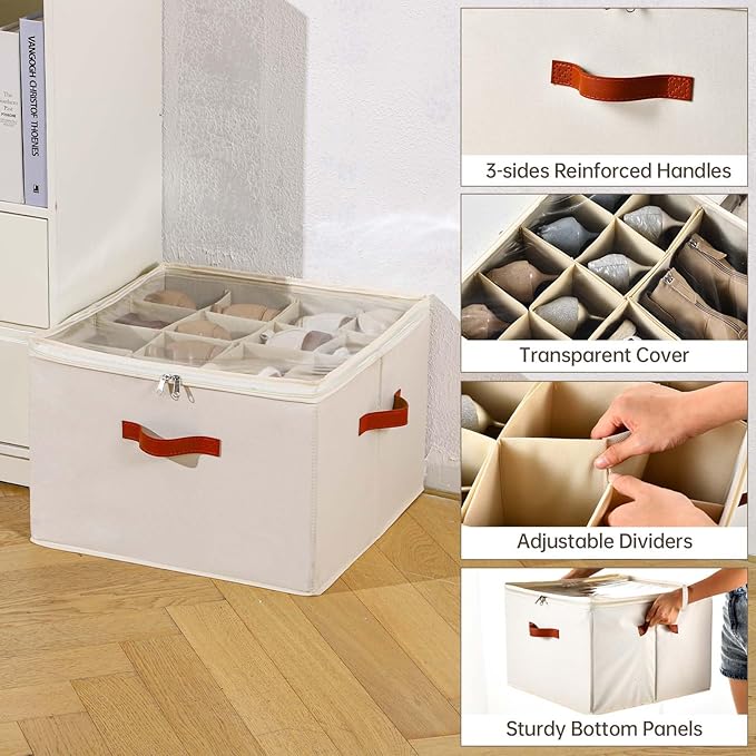 INSTY Shoe Organizer for Closet, 2 Pack Foldable Shoe Storage Containers, Fits up to 16-32 Pairs, Adjustable Dividers for Shoe Organizer, Fabric Shoe Storage Bins with Clear Cover, Beige