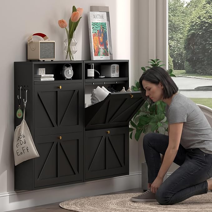 Hidden Shoe Rack, 2 Flip-Down Front Door Shoe Storage, Ultra Slim Shoe Cabinet Wall Mounted, Floating Shoe Storage Cabinet for Entryway, Space-Saving Moeden Cabinet for Small Place, Black