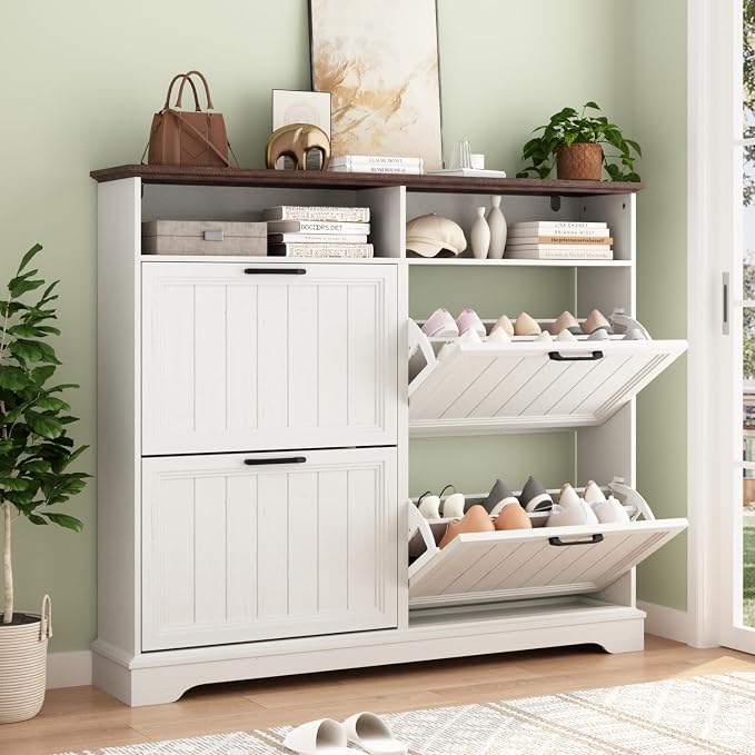 Hidden Shoe Storage Cabinet with 4 Flip Drawers & Open Storage | Farmhouse Modern Shoes Rack Cabinet,Adjustable Shelves ,Narrow Slim Shoe Organizer for Entryway,Foyer,Hallway,Antique White