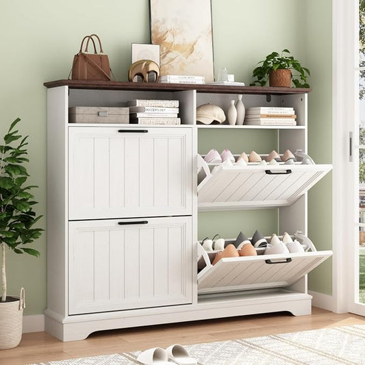 Hidden Shoe Storage Cabinet with 4 Flip Drawers & Open Storage | Farmhouse Modern Shoes Rack Cabinet,Adjustable Shelves ,Narrow Slim Shoe Organizer for Entryway,Foyer,Hallway,Antique White