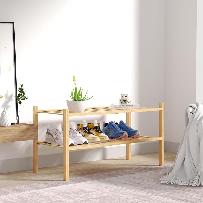 ROMGUAR CRAFT 2 Tier Bamboo Shoe Rack for Closet Free Standing Wood Shoe Shelf for Entryway Small Space Stackable 27"x11"x13" (Natural)