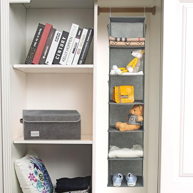 BrilliantJo 6 Shelves Hanging Closet Organizer, 2 Pack Hanging Storage with 4 Side Pockets for Clothes Shoes, 43.5"x12"x12"(Grey)