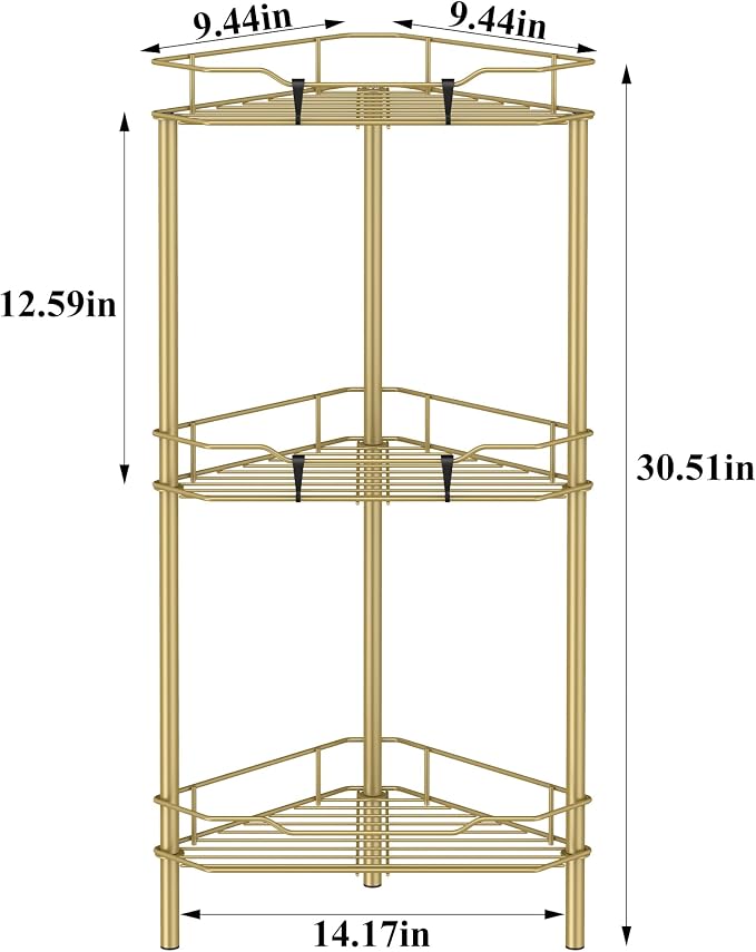 HuggieGems 3 Tier Floor Standing Corner Shower Caddy Organizer Shelf with Hooks, Bathroom Shelves Stand Rack, Gold