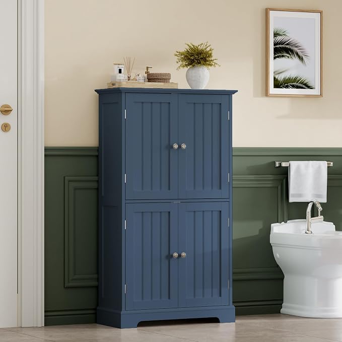 ChooChoo Bathroom Floor Cabinet with Adjustable Shelves | Bathroom Storage Cabinet, 4 Doors, Freestanding Cupboard for Living Room, Blue