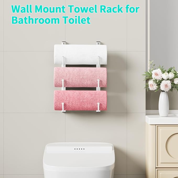 HapiRm Rolled Towel Racks for Bathroom - 3-Tier Over The Door & Wall Mounted Bathroom Towel Storage, Hanging Metal Organizer for Towels & Bath Sheets, Space Saving Rack for Bathroom, Camper, RV, White