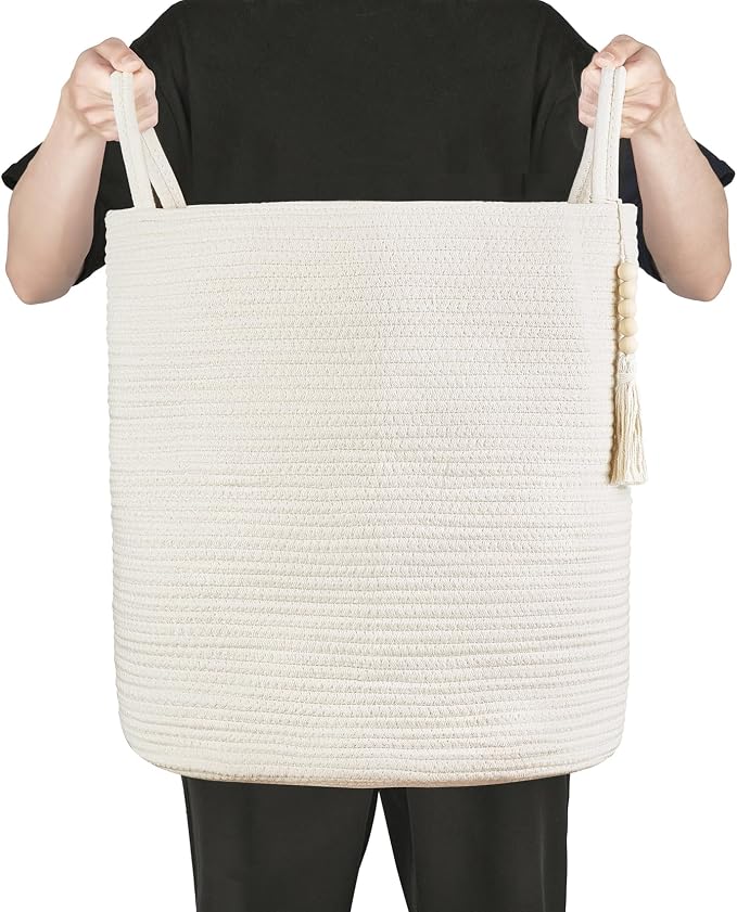 Mkono Tall Laundry Basket Woven Decorative Rope Storage Basket Wooden Bead Decoration for Blankets Toys Clothes Shoes Organizer Bin with Handles Living Room Home Decor, 15" W x 17.7" L, White | White, Cotton, Decorative Basket with Handle, Wood Beads T...