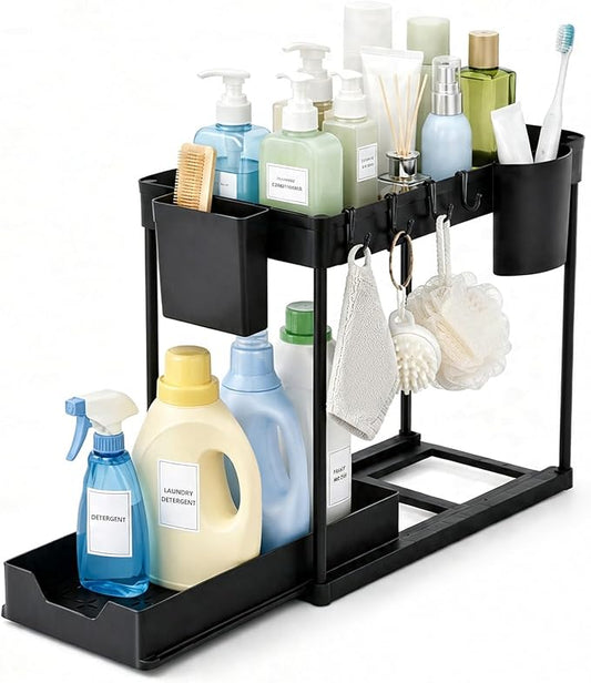 Under Sink Organizer for Bathroom/Kitchen, Large Capacity with Hooks & Cups | Multi-purpose, 2 Tier Pull Out, 4 Hooks & 2 Cups, Size:15.6 x 8.5 x 14.8in, Rust Resistant, Sturdy & Durable