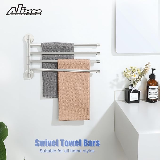 Alise 4 Arm Swivel Towel Rack, Swivel Towel Bar Brushed Nickel, 13.86 Inch | Space Saving Swing Arm Towel Rack for Bathroom Kitchen Outdoor, SUS304 Stainless Steel, 180° Rotating