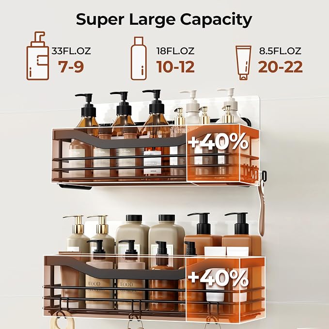 Orimade Adhesive Shower Caddy Shelf with 5 Hooks Organizer Storage Rack Rust Resistant Wall Mounted Stainless Steel No Drilling for Bathroom, Toilet, Kitchen - 2 Pack,Black