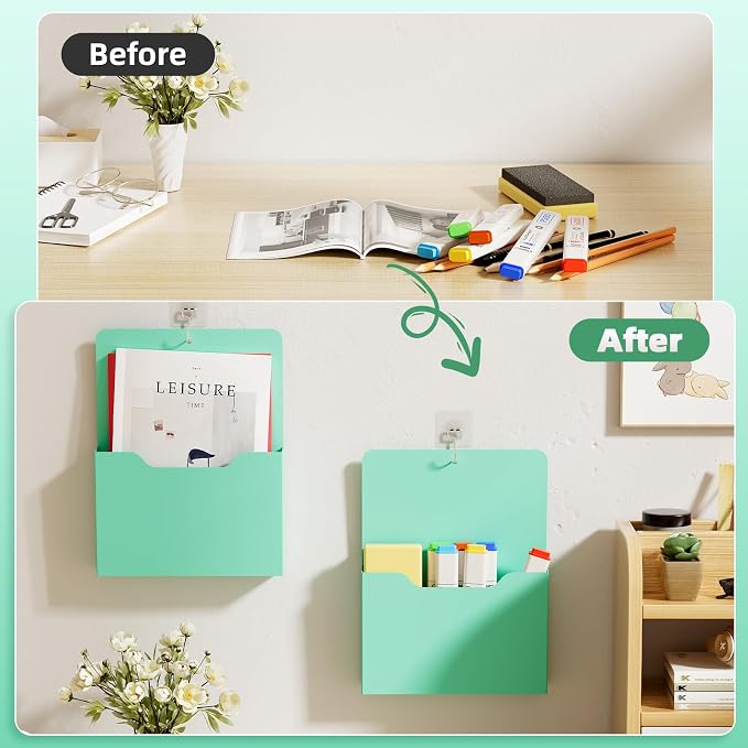 Marbrasse 2 Pack Magnetic File Holder - Paper Holder, Pocket Organizer,Hanging Wall File Organizer Office Supplies Storage, Magazine Mail Case for Notebooks,Planners,Letter (Green)