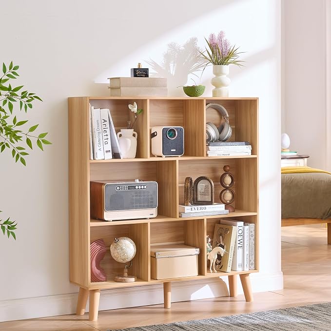 LEYAOYAO 8 Cube Bookshelf, Mid-Century Modern Book Shelf with Legs, Natural | 3 Tier Bookcase, Rustic Wood Bookshelves Freestanding Large Storage Organizer, Open Shelves for Bedroom, Living Room, Office