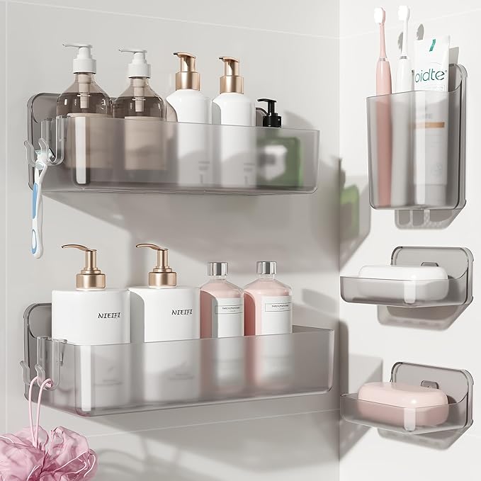 Nieifi Adhesive Shower Shelves, Gray, 5 Pieces | Rustproof ABS, Large Capacity, Removable Design, Easy-Clean, No Drilling Shower Organizer for Bathroom Storage & Home Decor
