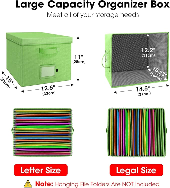 File Organizer Boxes with Lid, Linen Hanging File Storage Boxes with Handle, Collapsible Document Filling Boxes for Letter/Legal Folder, Portable File Box for Office/Decor/Home (2 Pack, Green)