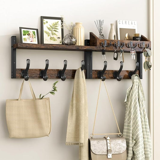 Evermagin 29" Coat Rack Wall Mount with Shelf for Entryway, Rustic Brown | Wall Mounted Coat and Key Rack with Hooks, Key Holder with Mail Organizer for Wall, Living Room, Mudroom, Bedroom