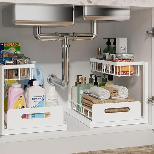 REALINN Under Sink Organizer, Pull Out Cabinet Organizer, 2 Tier Metal Slide Out Shelf with L Shaped Design for Kitchen, Bathroom, Laundry, and Utility Cabinet Storage for Deep Cabinets, White, 2 Pack