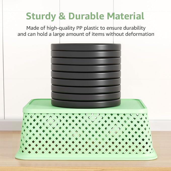 MaxGear 3 Pack Plastic Storage Baskets, Large, Green | Durable Woven Plastic with Built-In Handles, Suitable for Shelves, Closets, Cabinets, Bathrooms and Offices