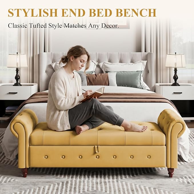 NIOIIKIT 63'' Storage Ottoman Bench, Tufted Entryway Bench Yellow Polyester | Button Tufted End of Bed, Large Storage Space, Rolled Armed Ottoman Couch Long Bench for Bedroom, Living Room, Hallway