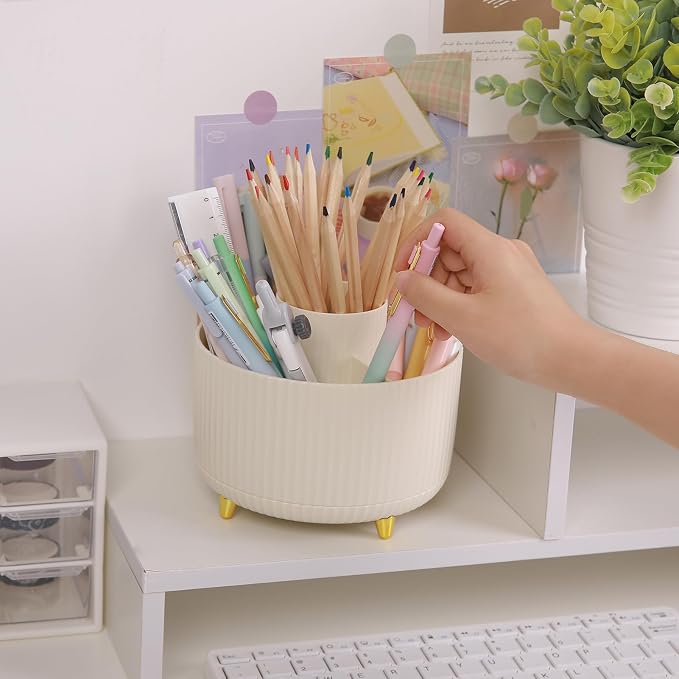 SKYDUE 2 Pack Pen Holder, 360 Degree Rotating Pencil Holder for Desk Organizer, Rotating Desktop Pen Organizer with 5 Slots, Office Supplies, Pencil Cup for Office, School, Home