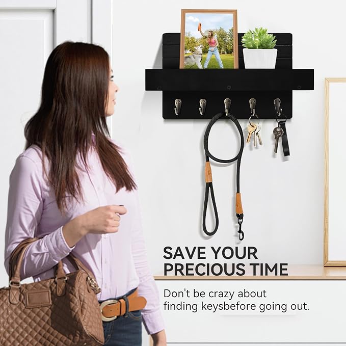Key Holder Wall Mount, Decorative Key Rack with Shelf & 5 Sturdy Hooks, Rustic Key Hooks for Wall for Mail Organizer Hanging Dog Leash, Glasses, Wooden Key Hanger with Mounting Hardware