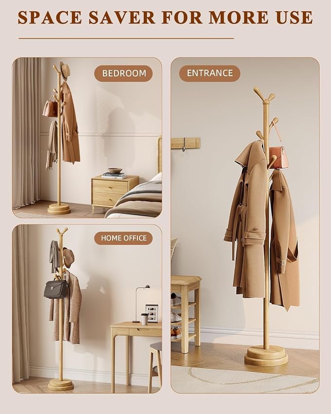STARSAGA Solid Wood Coat Rack Freestanding Coat Tree with 8 Hooks | Adjustable Height Heavy Duty Coat Rack with Rounded Hooks & Dual-Layer Base, Holds Coats Hats Bags for Entryway, Bedroom